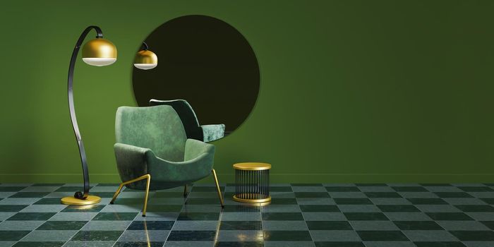 green minimalist interior with gold details, round mirror, lamp and sofa. space for text. 3d rendering