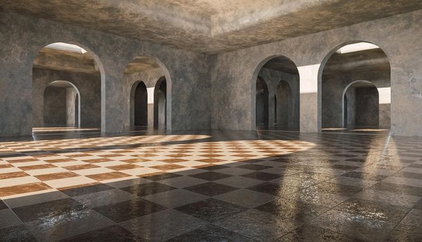 gallery of infinite concrete arches with marble tile flooring . 3d rendering