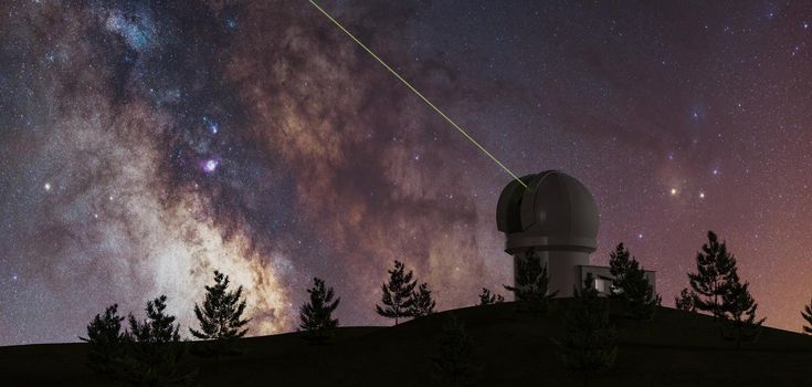 milky way with large telescope on the horizon and pine trees in silhouette and green laser pointing to infinity. astronomy. 3d rendering