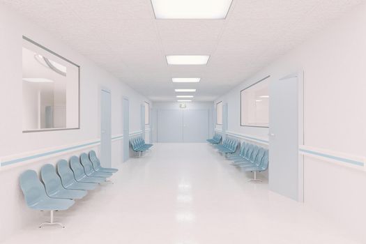 hospital corridor with waiting chairs on the sides and windows to the rooms . 3d rendering