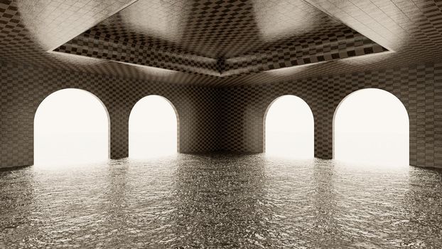 tiled arch room with water on the floor and white illuminated background. 3d rendering