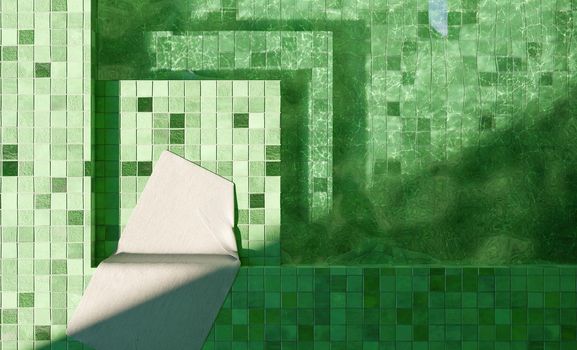 top view of green tiled indoor pool with a white towel. 3d rendering
