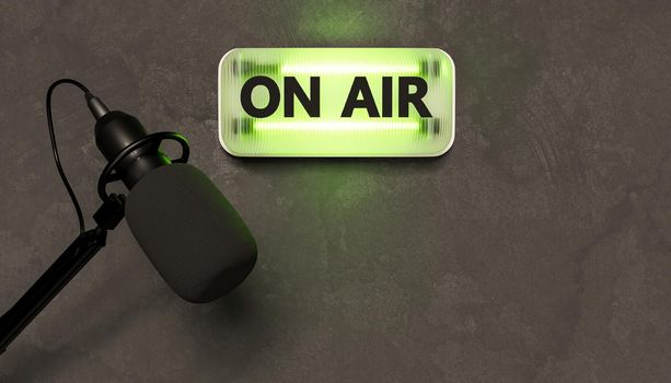 green neon sign with the word ON AIR and studio microphone under it. 3d rendering