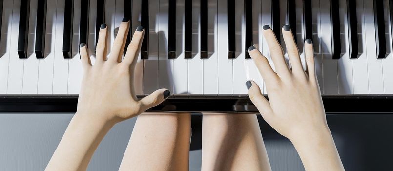 close-up of piano keys with woman's hands playing it. 3d rendering
