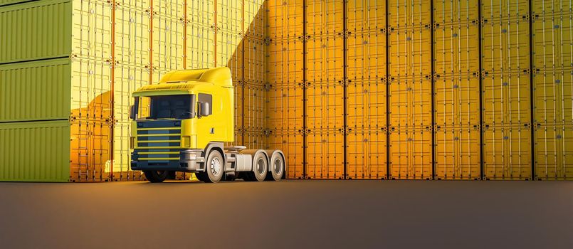 yellow truck with many stacks of containers around. 3d rendering