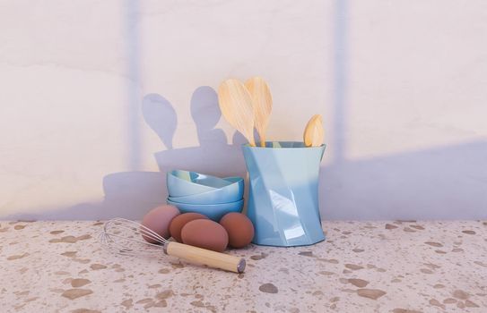 kitchen accessories with eggs and window illuminating the scene. 3d rendering