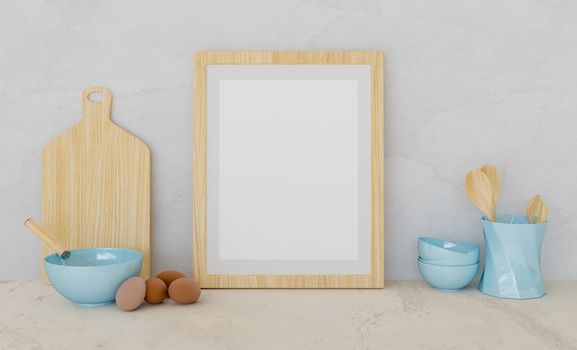 mockup of a wooden frame with kitchen accessories and eggs on the sides. 3d rendering