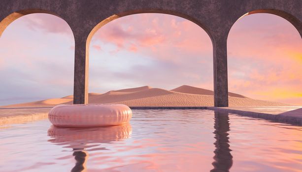 desert pool with concrete arches and float in it with colorful sunset. 3d rendering