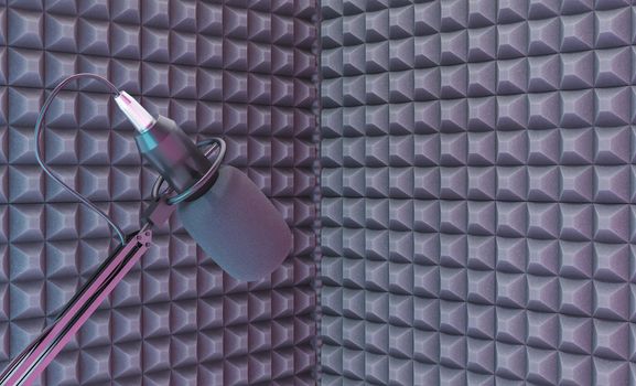 studio microphone over a recording corner with acoustic foam. 3d rendering