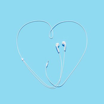 headphones with the cable making the shape of a heart on blue background. 3d rendering