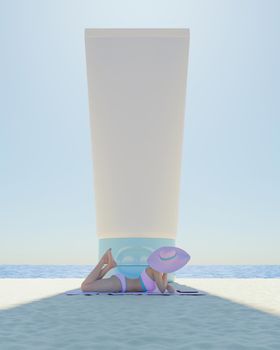 mock-up of giant sunscreen canister shading woman lying on the beach. 3d rendering
