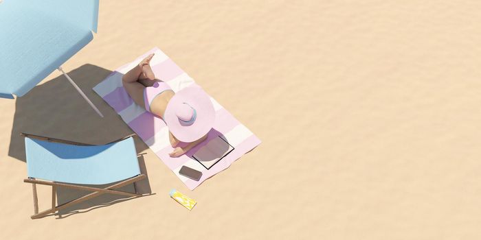 top view of woman in bikini sunbathing on the beach while reading a book. 3d rendering