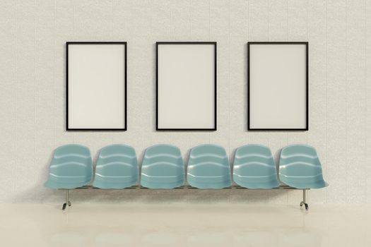 mockup of advertising frames in a waiting room with a row of seats. 3d rendering
