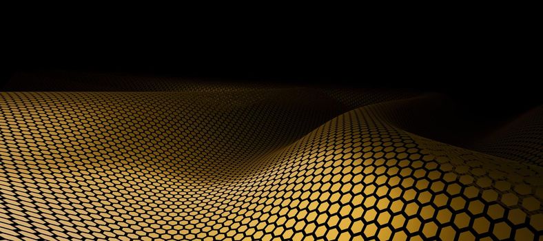 abstract background of golden hexagonal waves with dark background. 3d render