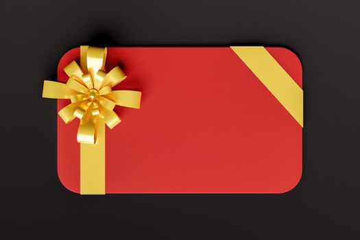 red gift card with gold ribbon on black background. copy space. 3d render