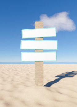 mockup of wooden sign on the sand of the beach with the sea in the background. 3d render