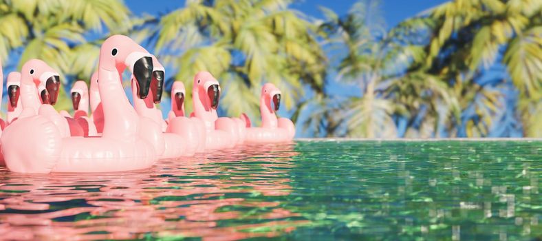tropical pool filled with flamingo floats with out of focus palm trees behind. 3d render