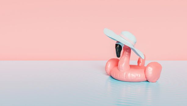 flamingo float with hat on blue liquid surface with pastel colors. summer minimal concept. 3d render