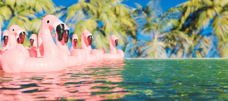 tropical pool filled with flamingo floats with out of focus palm trees behind. 3d render