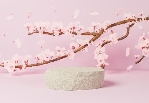 rock for product presentation with pink background and branch full of cherry blossoms . 3d rendering