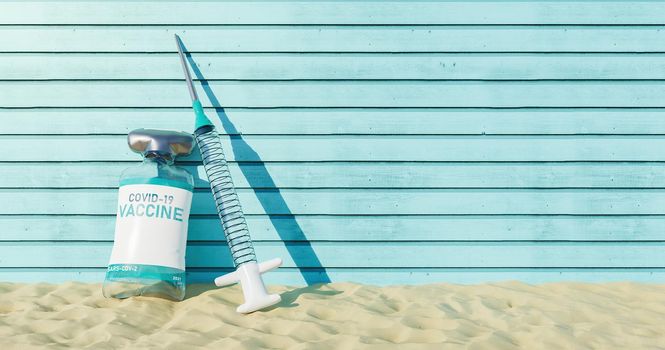 swim float with vaccine and syringe shape on beach sand with wooden background. summer background. 3d render