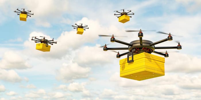 parcel delivery drone with yellow package flying in cloudy sky. future delivery concept . 3d render