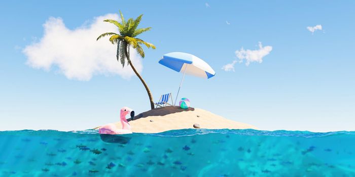 small island with palm tree and beach accessories with underwater view full of fish. summer background. 3d render