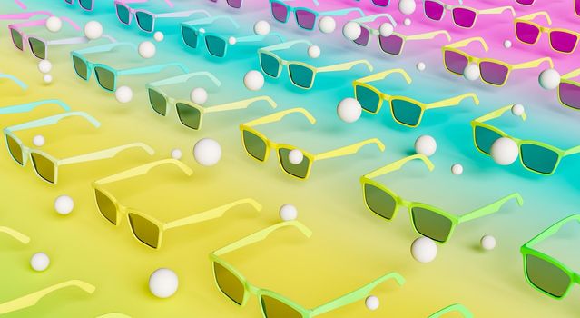 isometric pattern of pastel gradient sunglasses with white spheres floating around. 3d render