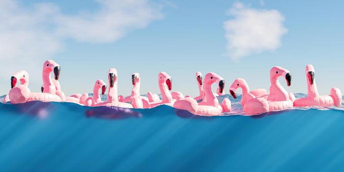 surface and underwater view of flamingo floats on the sea. summer concept. 3d render