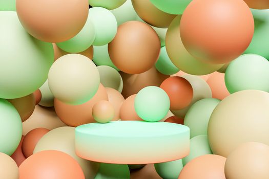 cylinder for product presentation surrounded by spheres of gradient color. abstract scene. 3d render