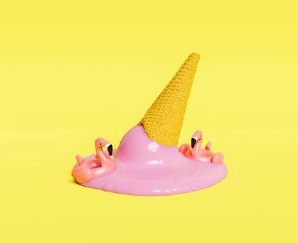 minimalistic illustration of melted ice cream cone with flamingo floats on yellow background. summer concept. 3d render