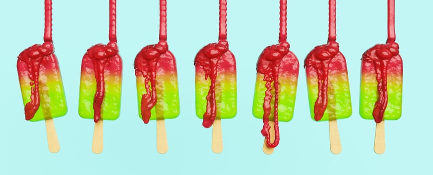 ice lolly with gradient colors and viscous candy falling on them. 3d render