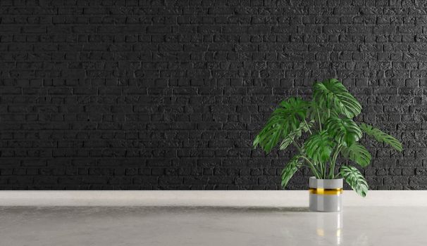 empty room with black brick wall and marble floor and a Monstera pot with copy space. 3d render