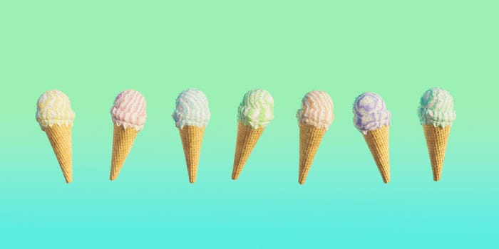 ice cream cones of different colors with minimalist gradient background. summer time. 3d render
