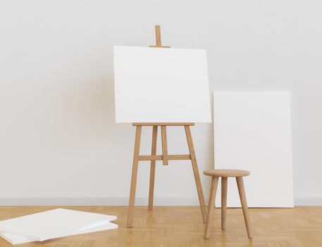 blank canvas on a wooden easel in a bright room with a stool in front of it and several canvases around it. 3d render