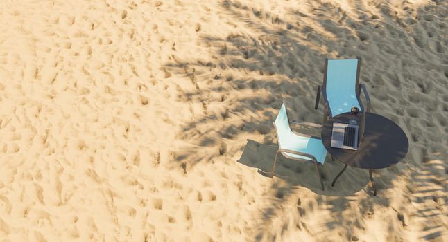 top view of table with laptop on beach sand and palm tree shadow. digital nomad. 3d render