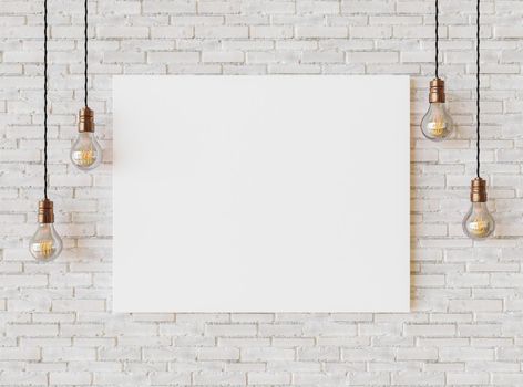 white painting frame on light brick wall with vintage copper light bulbs around it illuminated in a bright room. 3d render