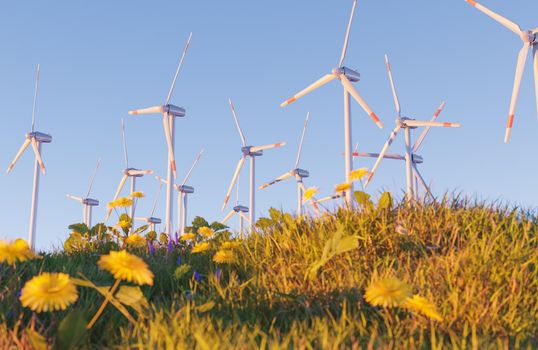 wind power station with grass and flowers in foreground out of focus and clear sky. 3d render
