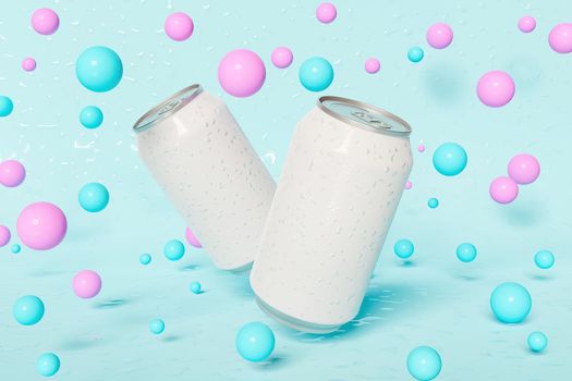 mockup of cans with pastel colored spheres floating around. space for design. 3d render