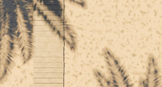 top view of wooden walkway on beach sand with palm trees shadow. summer background. 3d render