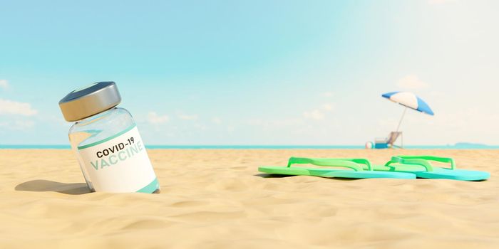 close-up of COVID-19 vaccine on beach sand with the sea in the background out of focus. summer background. 3d render