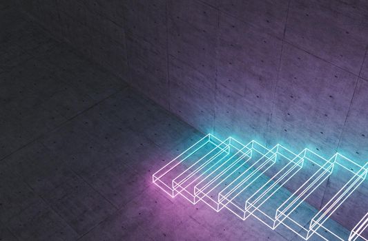 top view of abstract hologram stairs with neon lighting on concrete wall. 3d render
