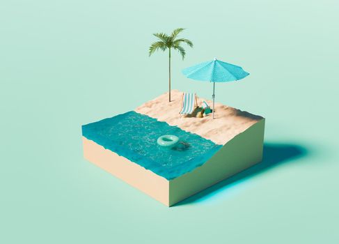 cube with isometric beach with umbrella and palm tree on turquoise background. 3d render