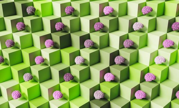 pattern of cubes with isometric view and brains on them. pastel gradient color. 3d render