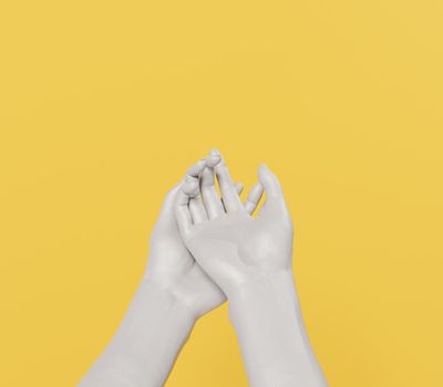 gray hands on yellow background in the shape of a bowl. 3d render