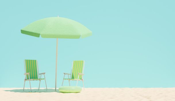 beach chairs with umbrella on sand and blue background wall. copy space. 3d render