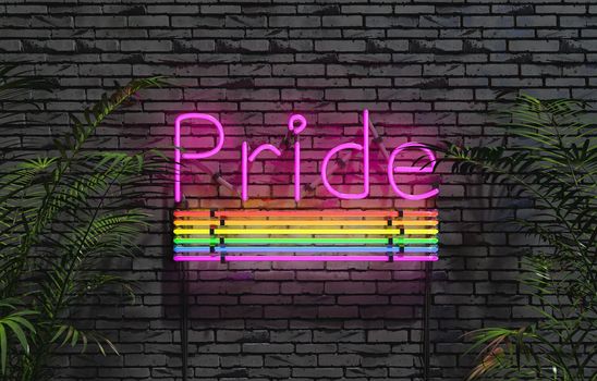 neon lamp with the word PRIDE and rainbow on dark brick wall with palm trees on the sides. pride day concept, lgbtq+. 3d render