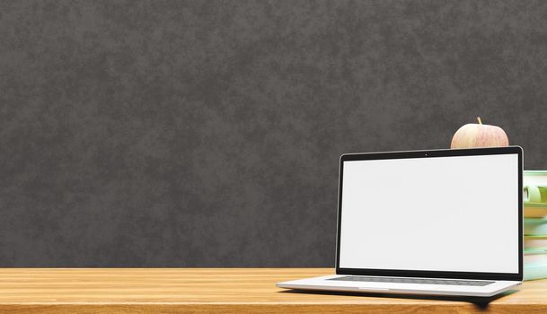 close up of school table with books and laptop mockup with blank screen and blackboard in the background. back to school. copy space. 3d render