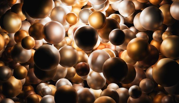 abstract background of gold and silver spheres with back light. 3d render