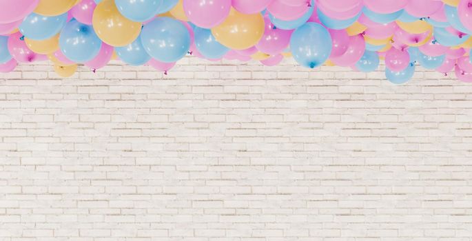 white brick wall with many colorful balloons stacked on top. greeting card. 3d render